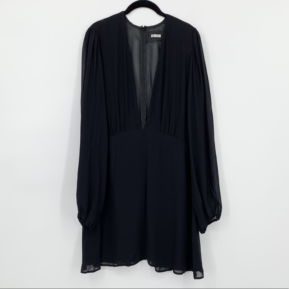 REFORMATION DEEP V LONG SLEEVE MINI BLACK DRESS